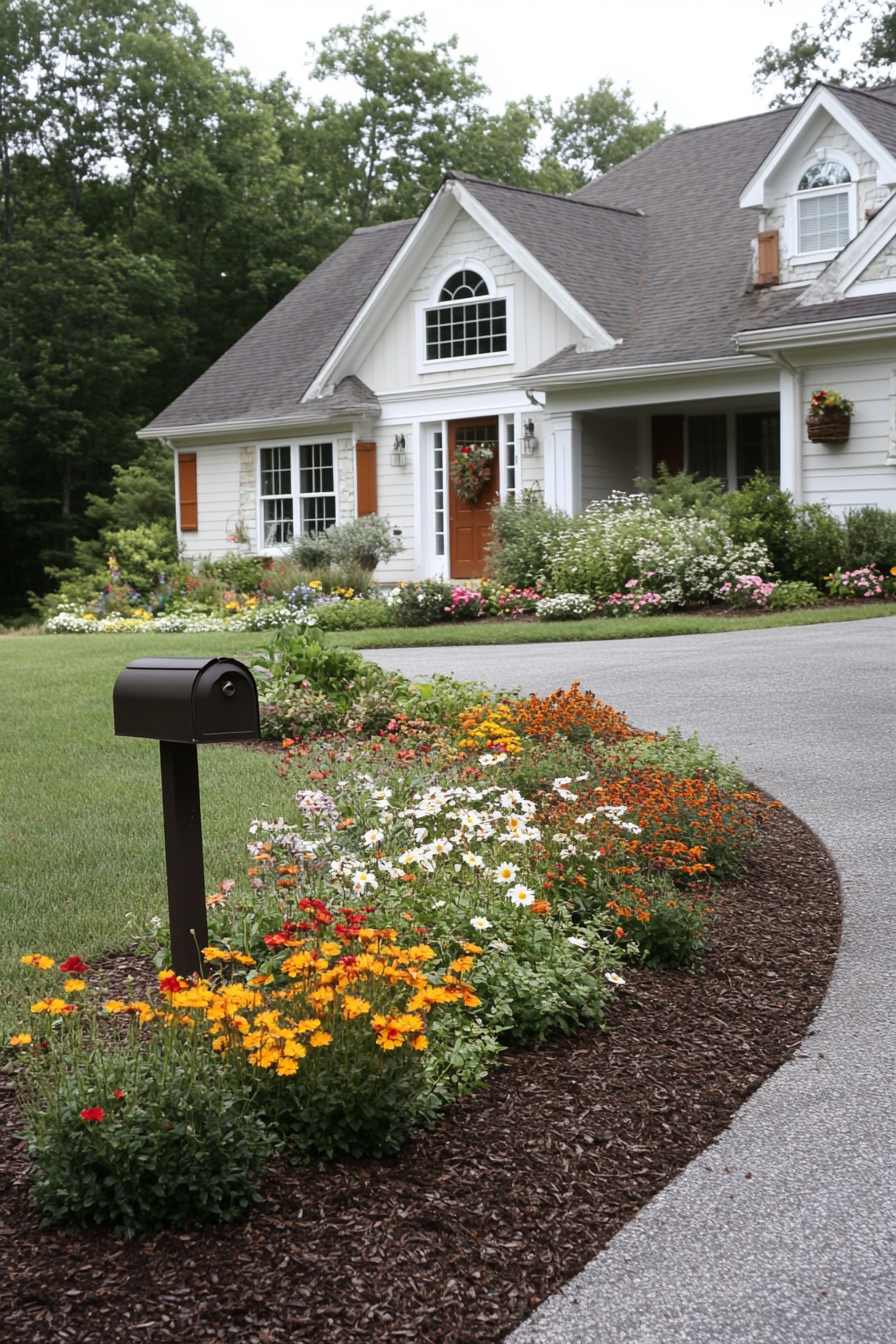 Home exterior with well-kept lawn and colorful garden