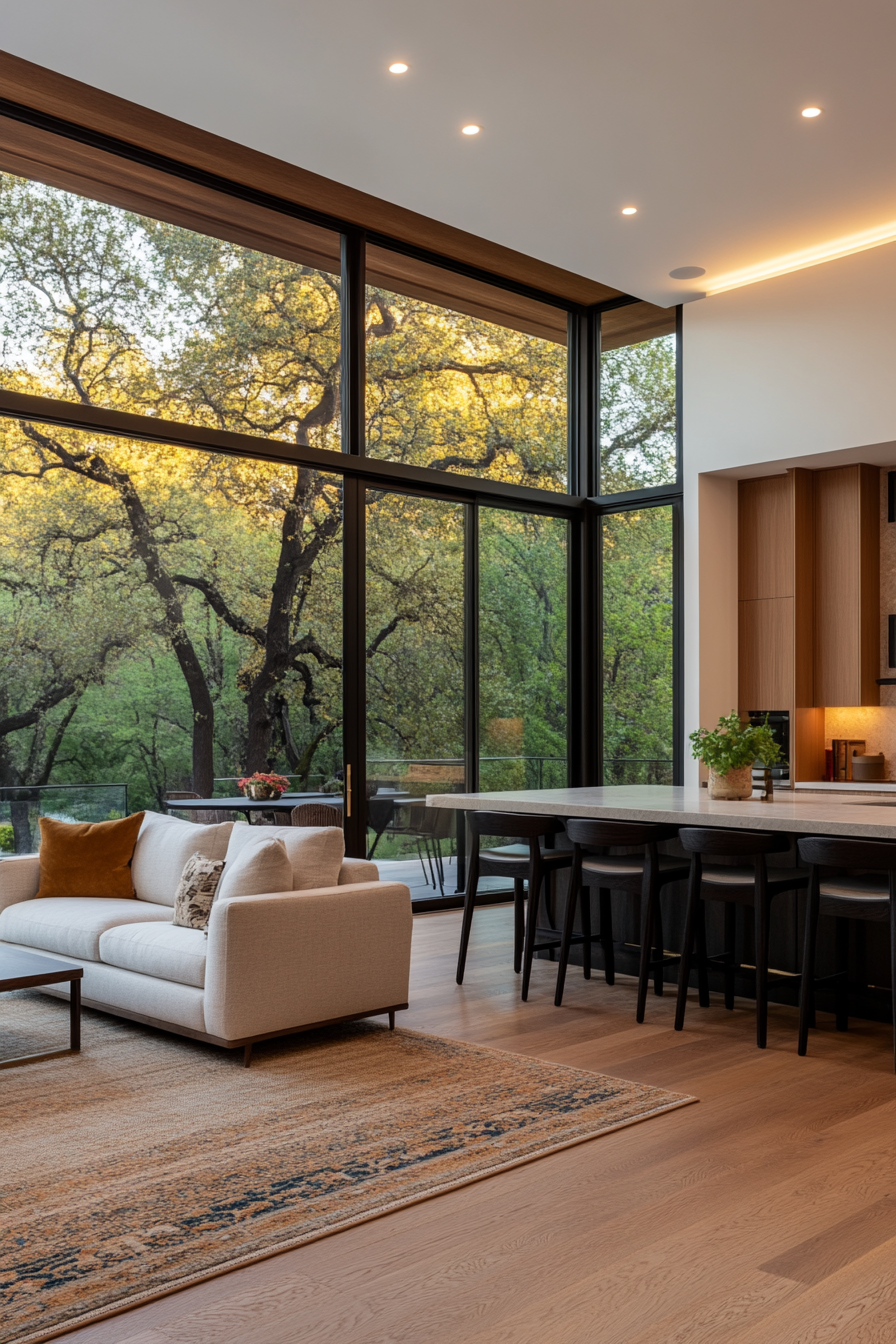 Open floor plan living area with versatile furniture and storage solutions