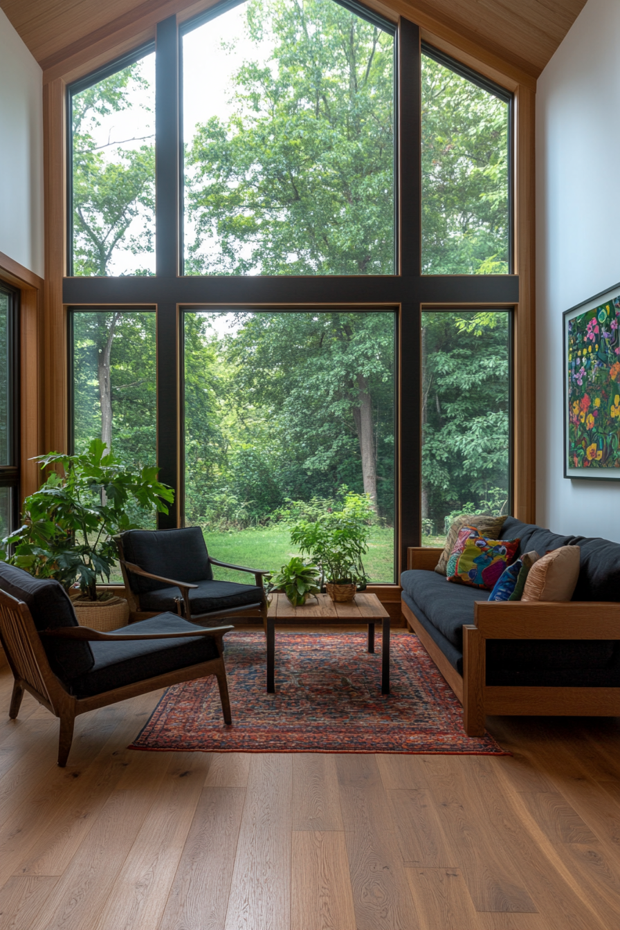 Sustainable home interior with reclaimed wood and bamboo furniture
