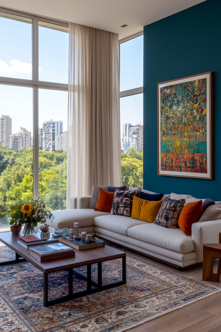 Colorful artwork and decor items in a modern living room
