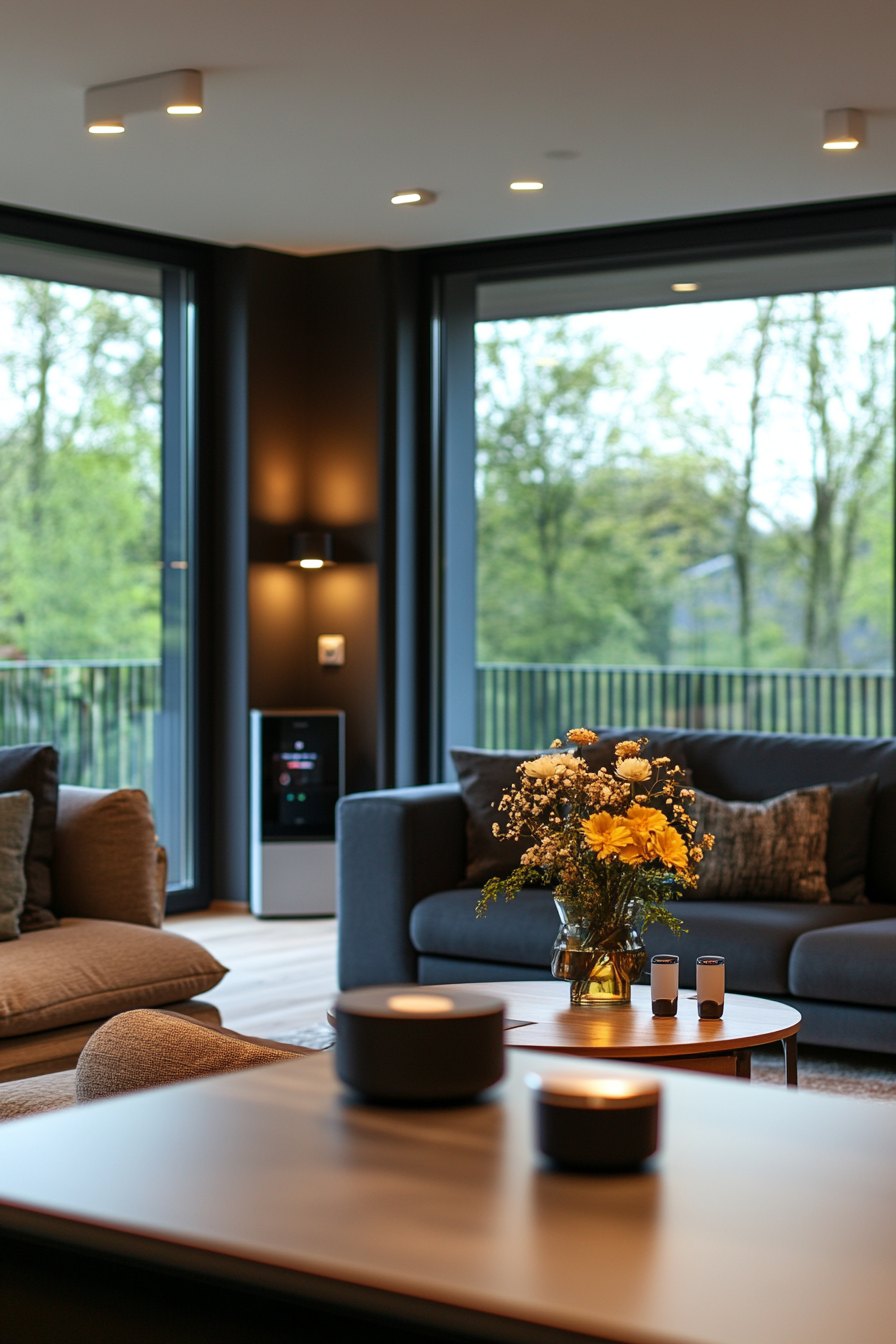 Smart home hub and voice-activated assistant in a modern living room
