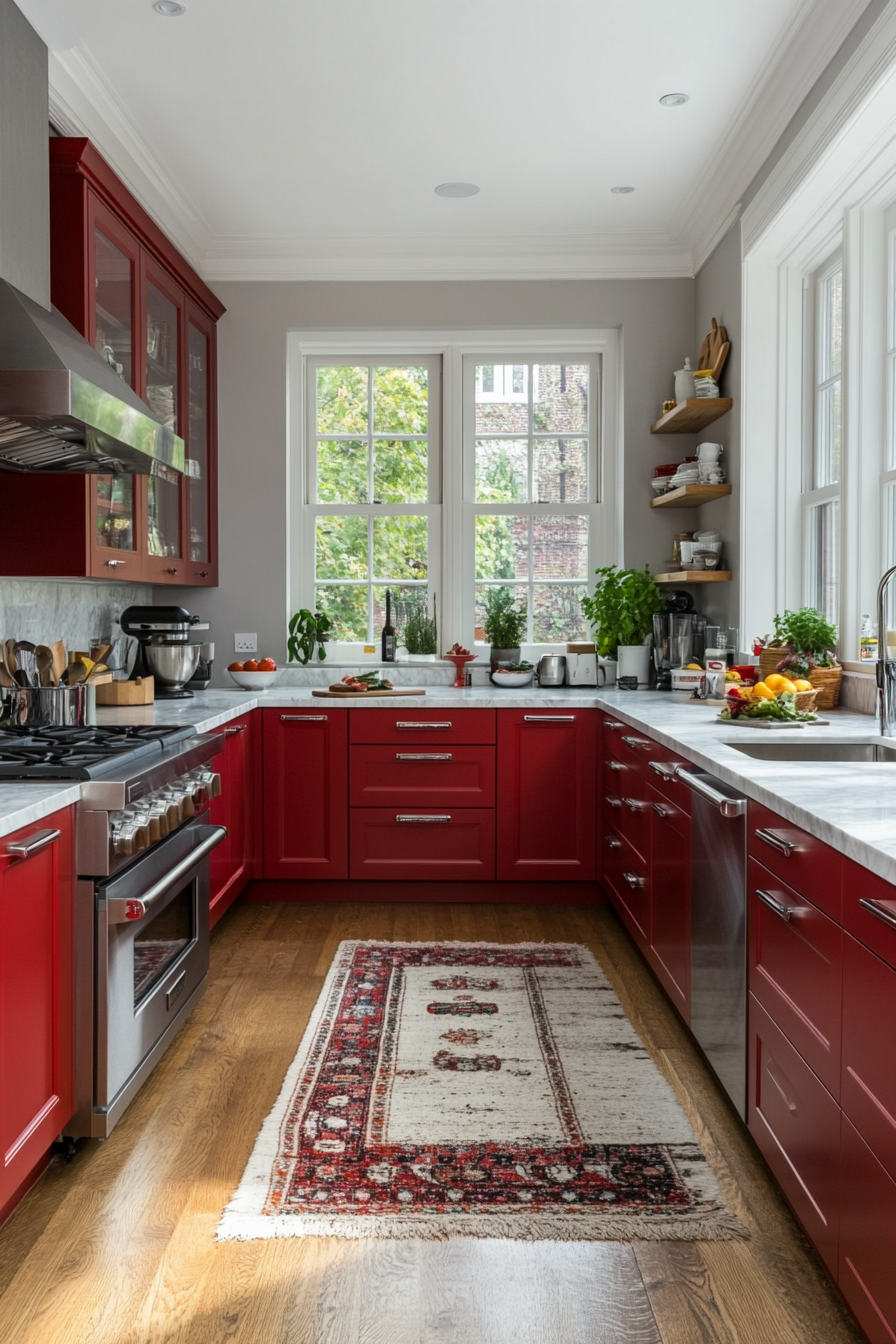 Red high-gloss cabinets in a contemporary kitchen