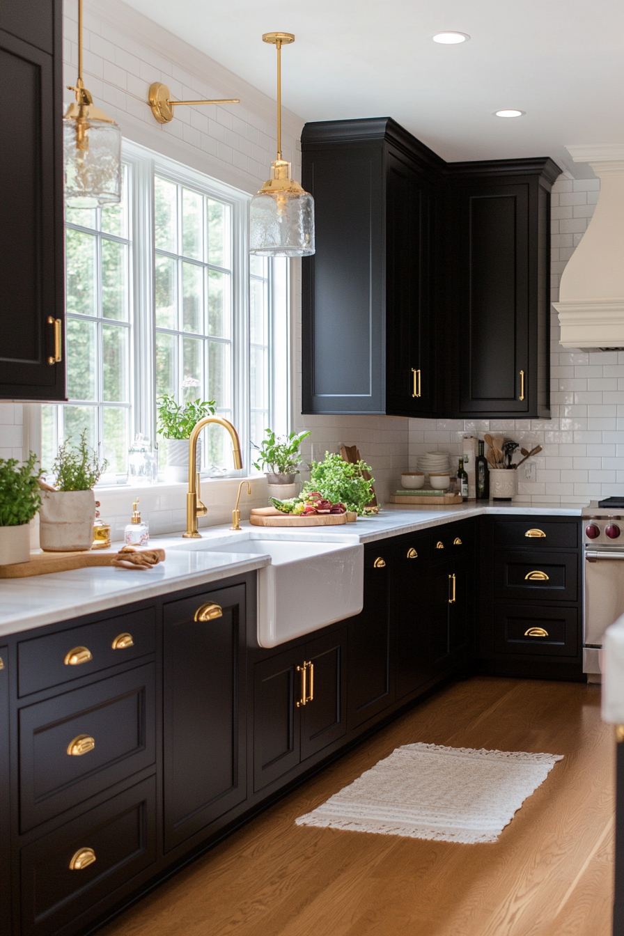 High-gloss black cabinets with gold hardware