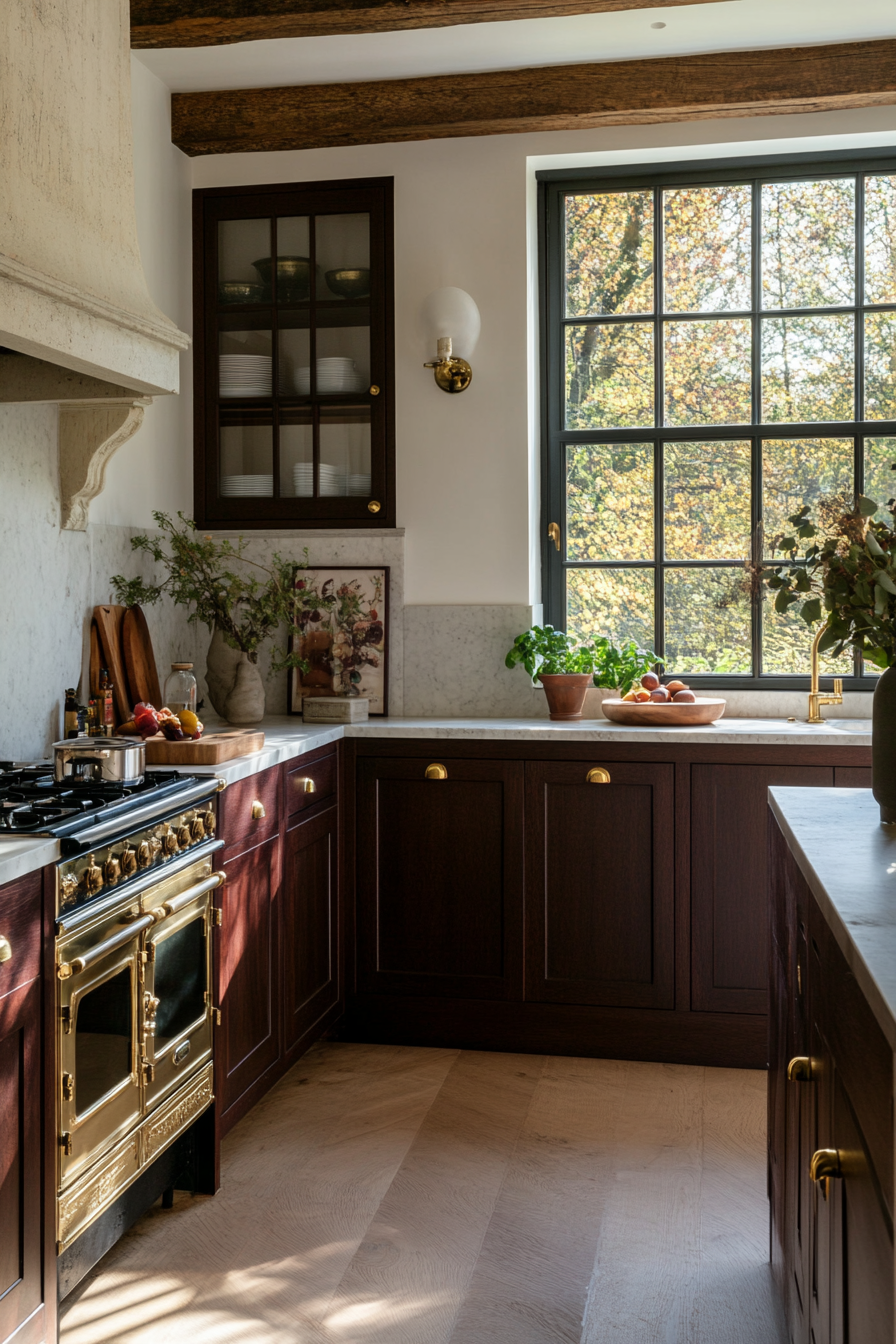 Dark wood cabinets with brass handles