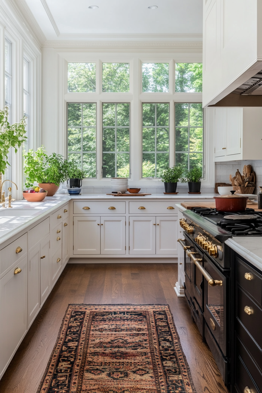 Brass hardware on white kitchen cabinets