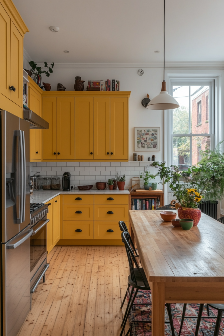 Two-tone cabinets with vibrant lower cabinets