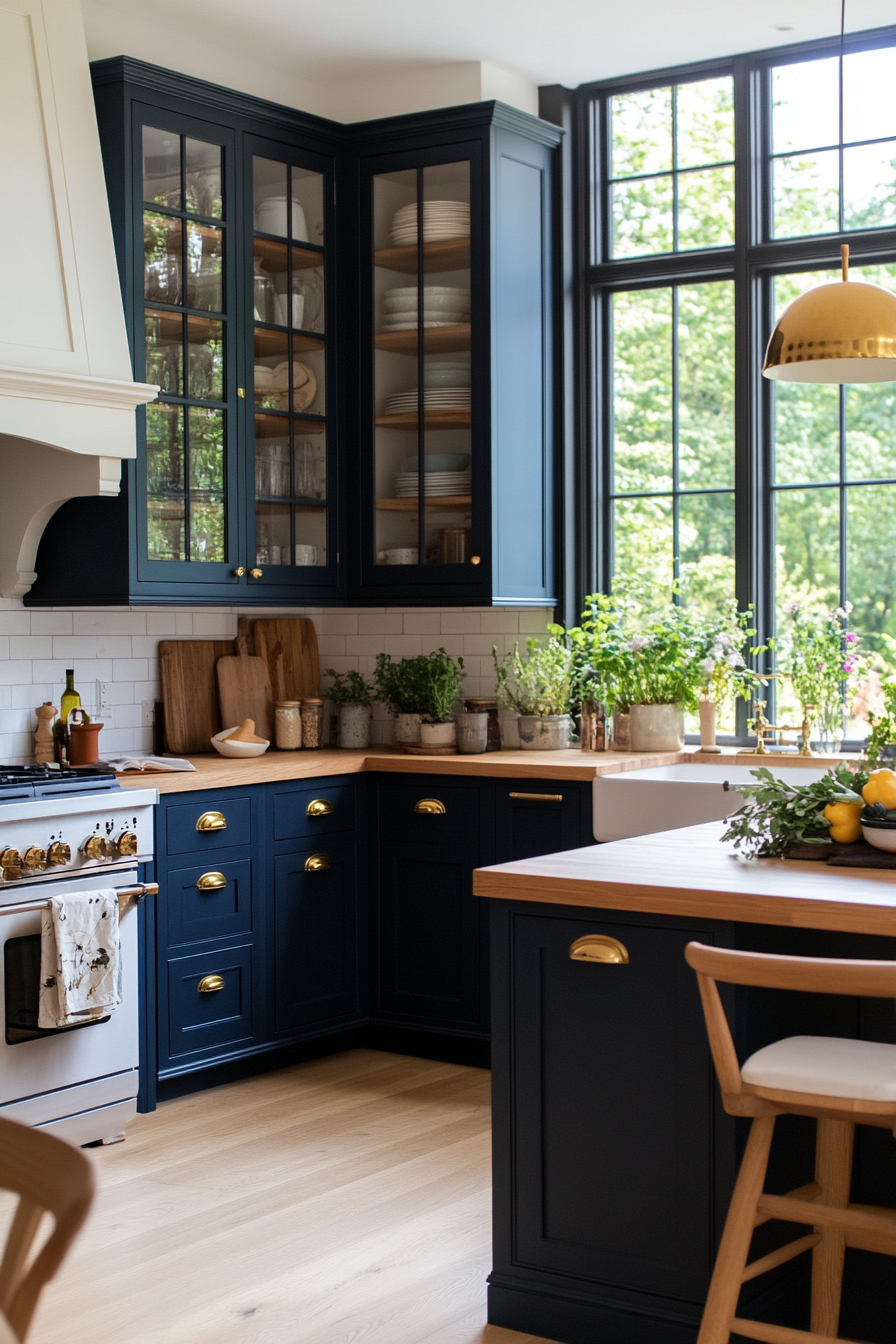 Mix of open shelving and tall cabinets