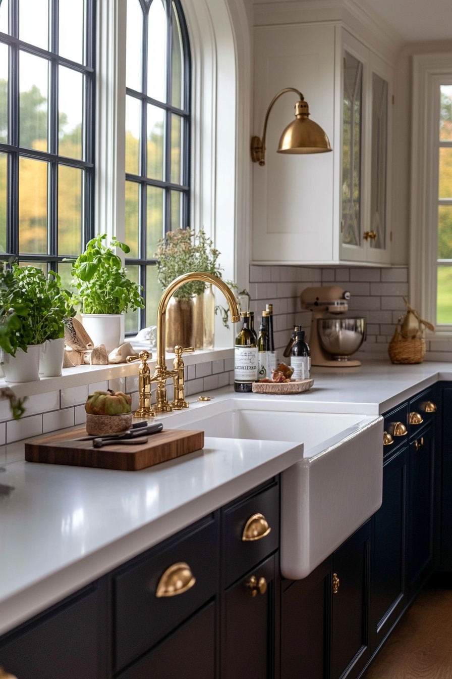 Two-tone kitchen cabinets in navy and white