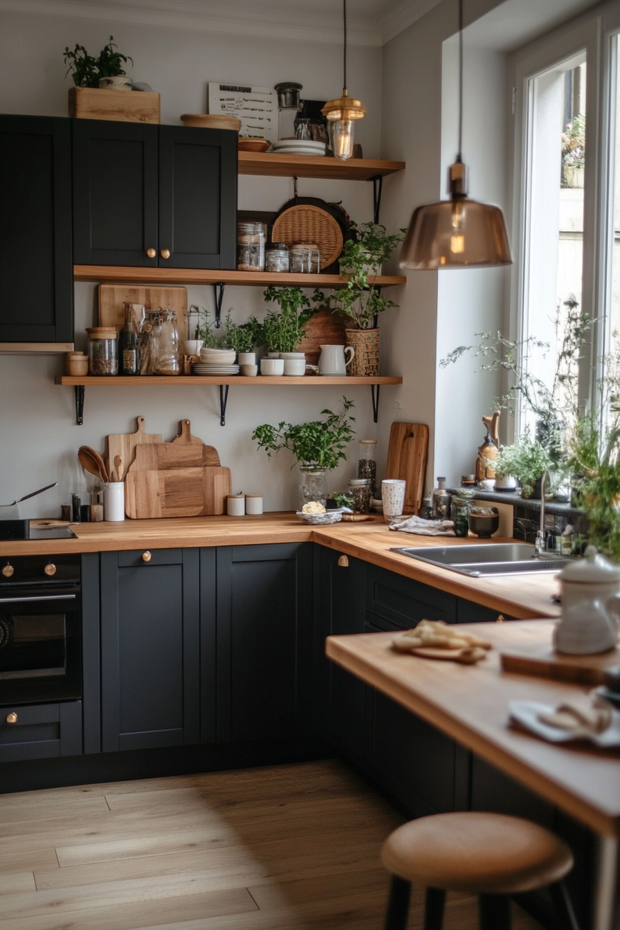 Two-tone kitchen cabinets in gray and wood