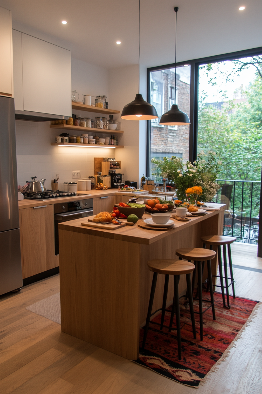 Compact kitchen island in a small kitchen