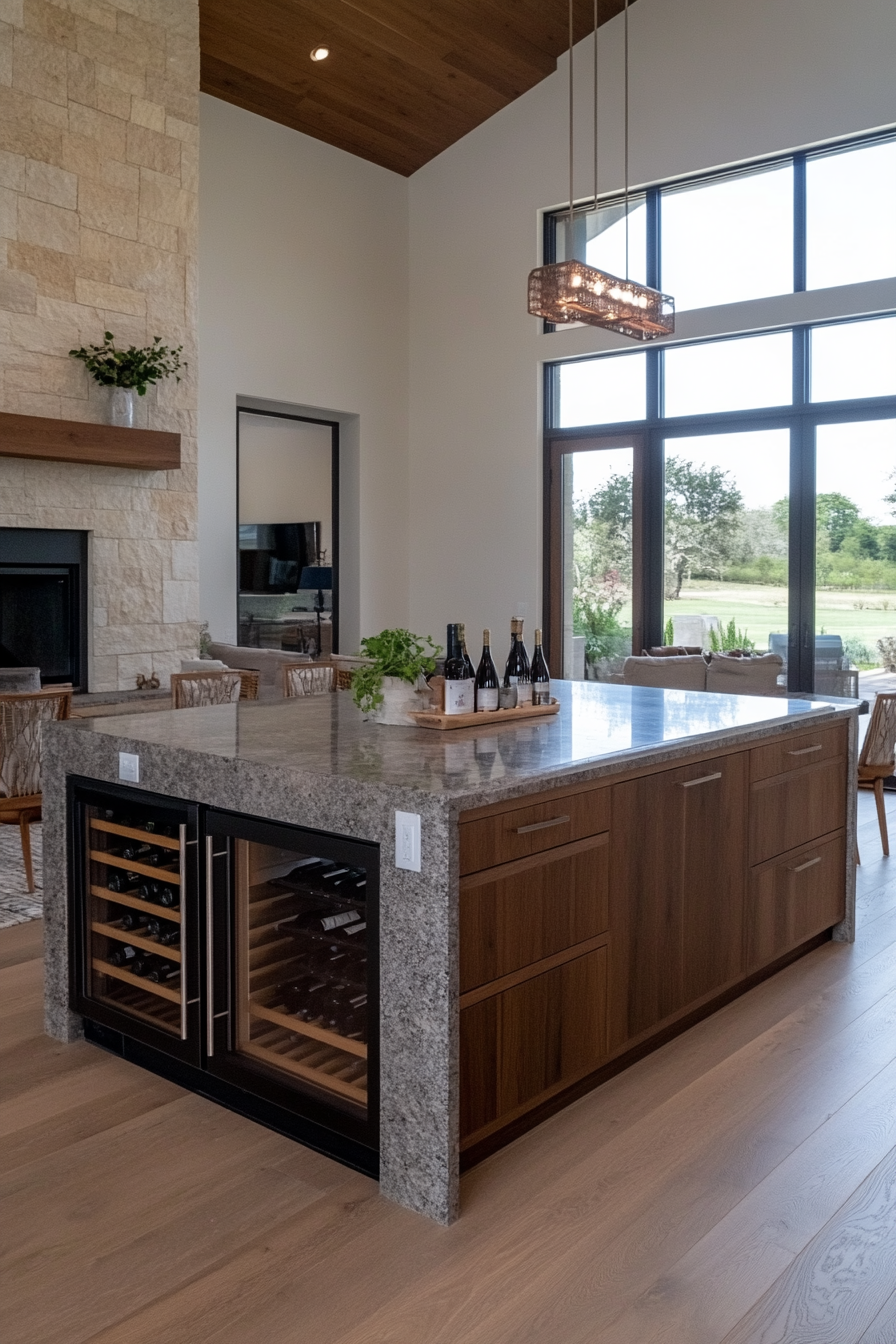 Kitchen island with wine fridge and racks