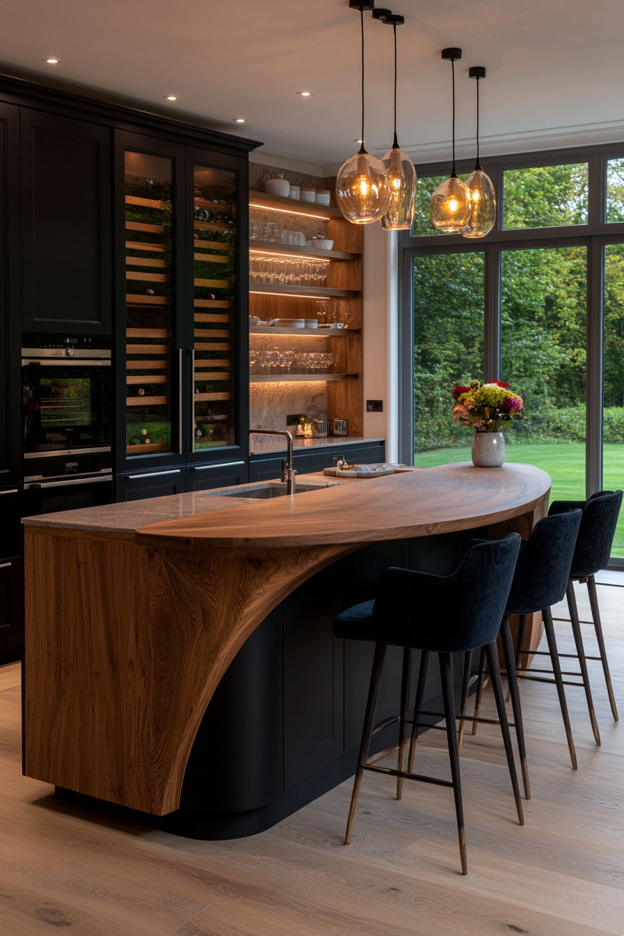 Curved kitchen island with open shelving