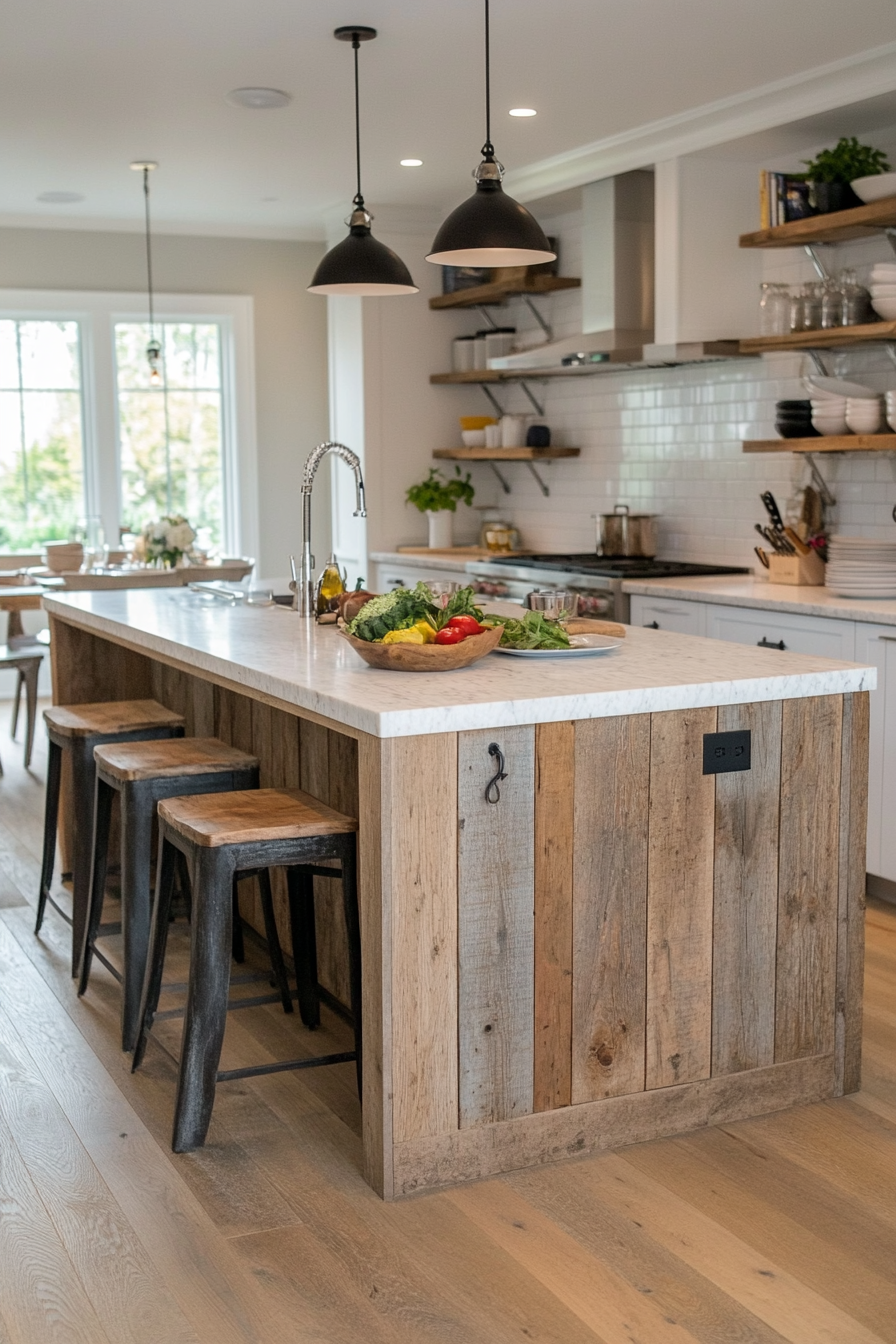 Rustic kitchen island with open shelving
