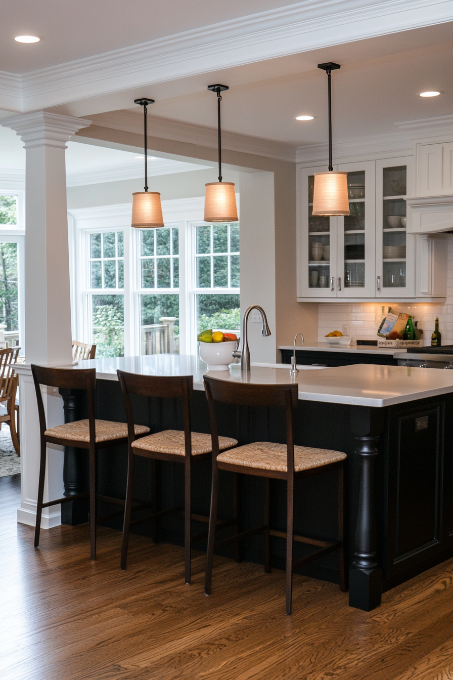 Kitchen island with columns and open shelving
