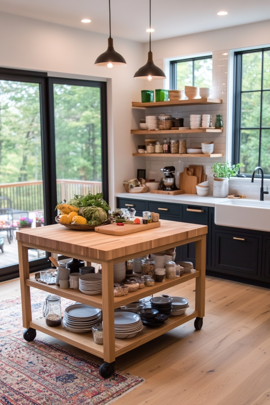 Mobile kitchen island with open shelving