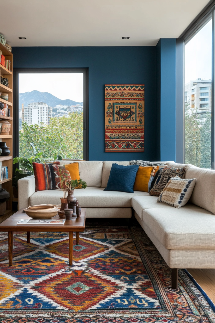 Living room with turquoise accent wall