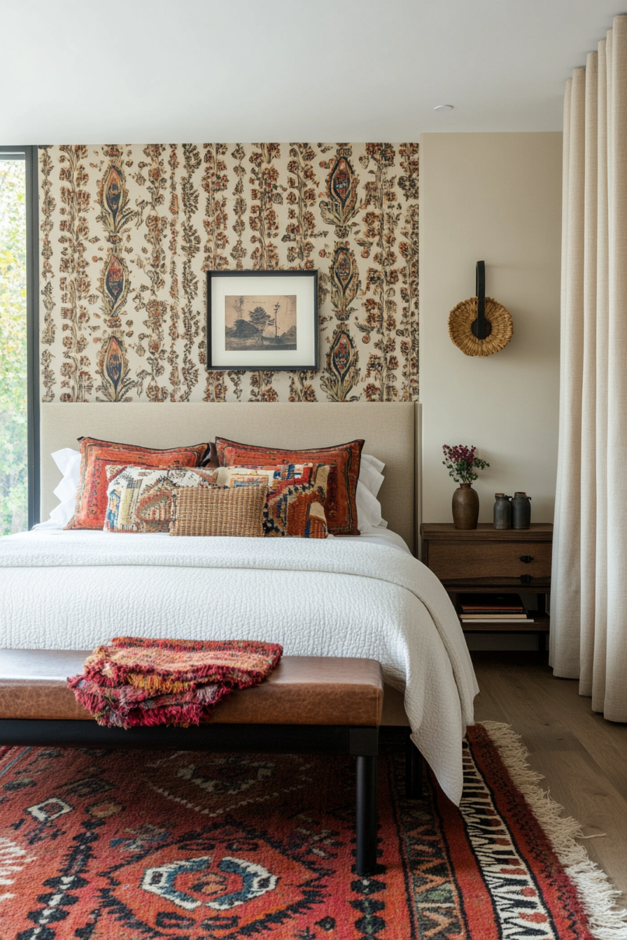 Bedroom with bold wallpaper