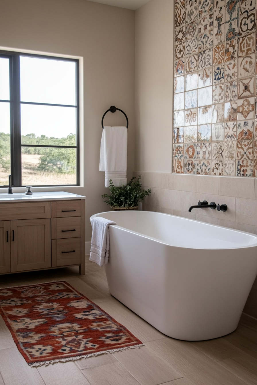 Bathroom with colorful tile statement wall