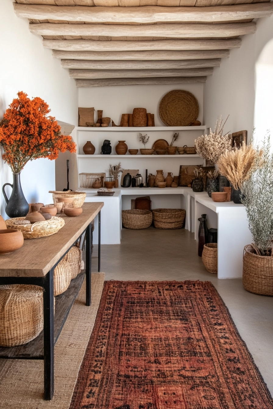 Living room with handcrafted items like woven baskets