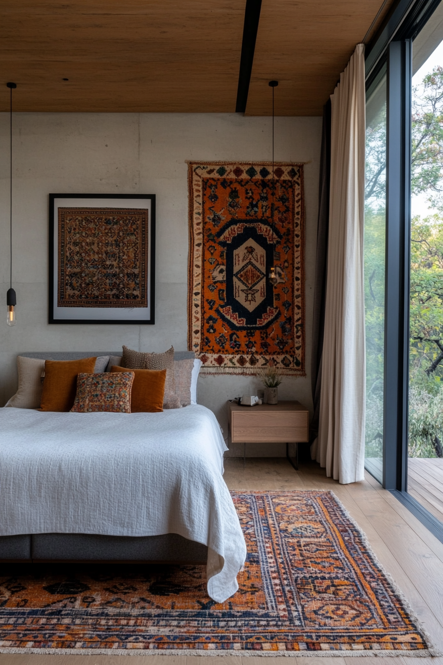 Embroidered pillows and woven wall hanging in a bedroom