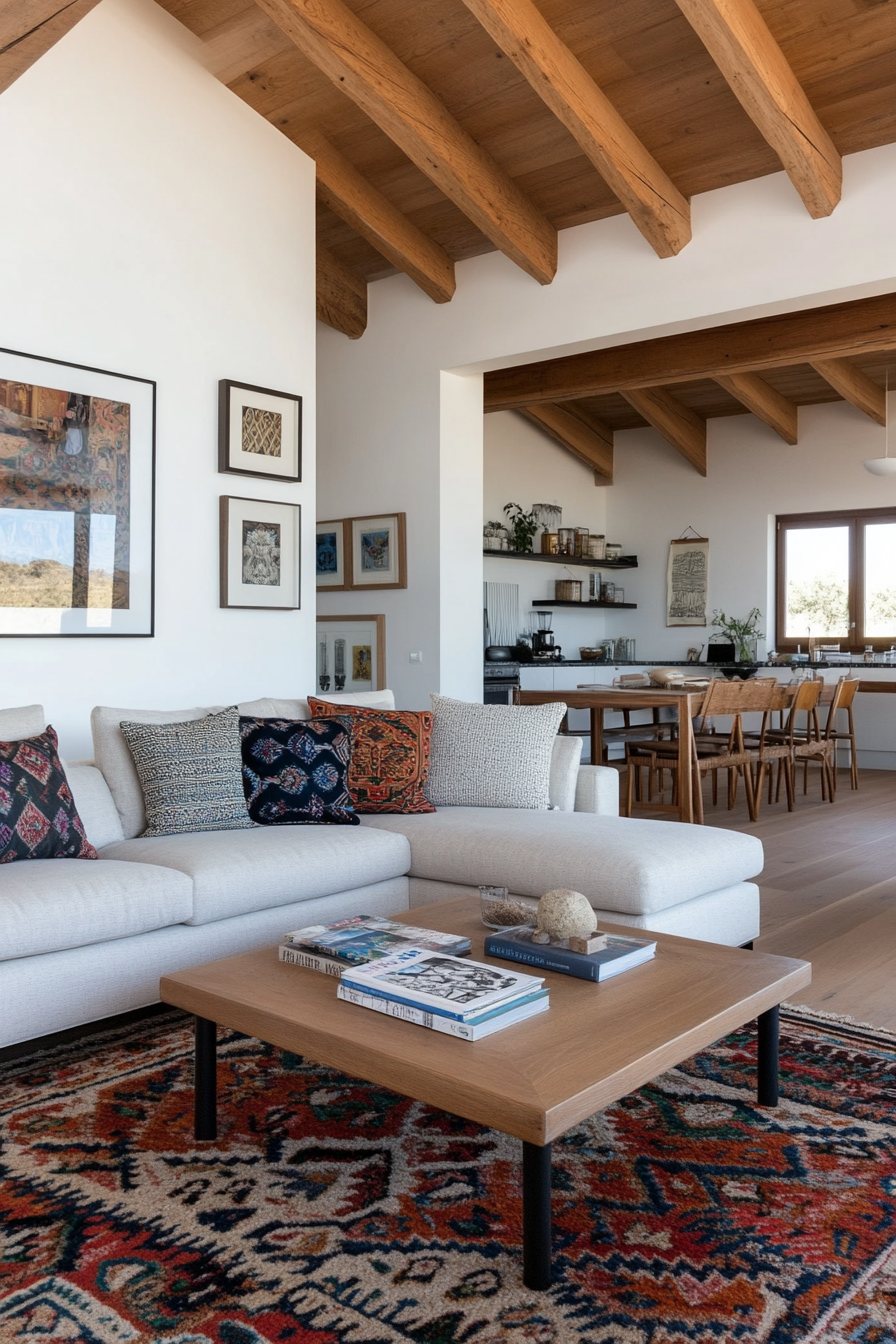 Living room with bold patterned throw pillows
