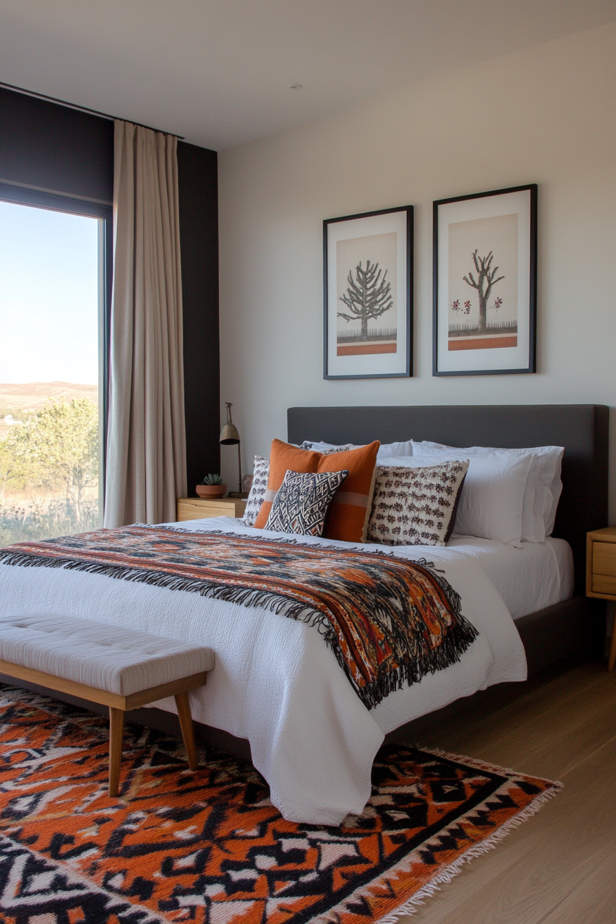 Bold patterned bedding in a bedroom