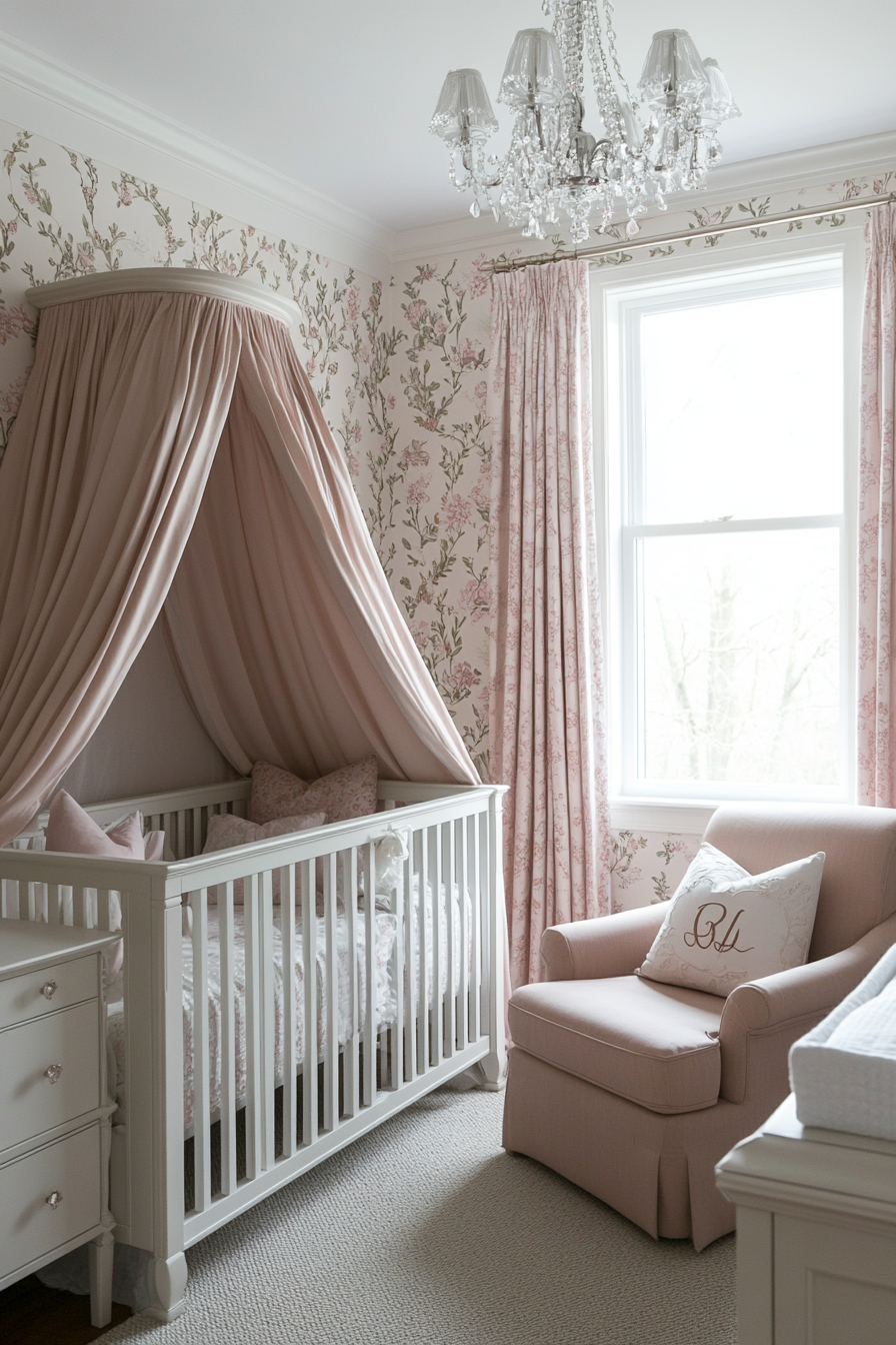 Pink nursery with floral patterns and ruffled curtains