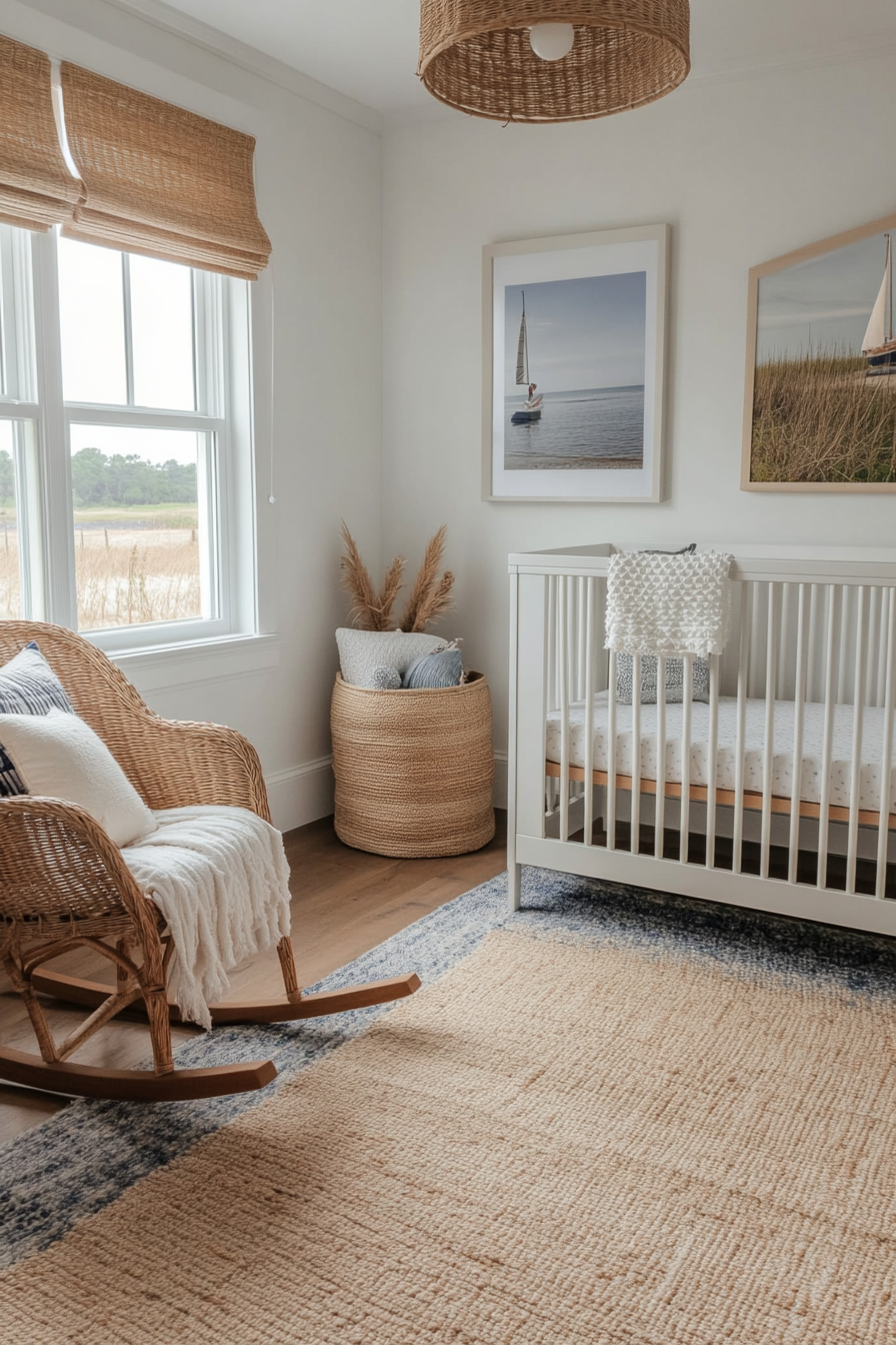 Coastal-themed nursery with soothing color palette and nautical elements