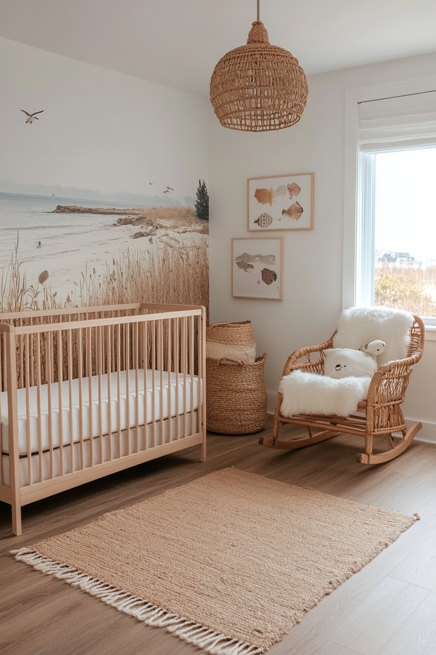 Coastal-themed nursery with soothing color palette and nautical elements