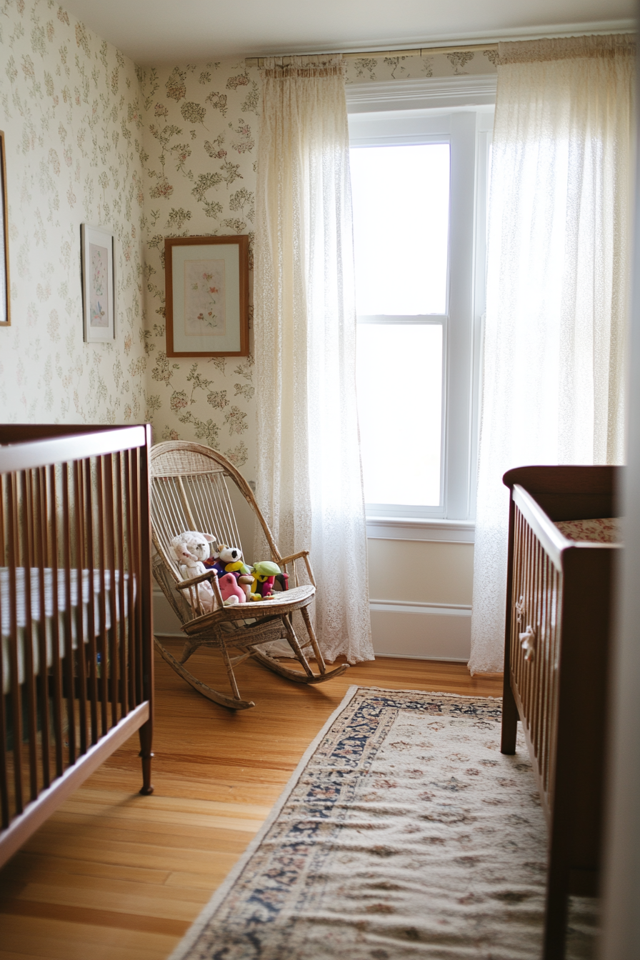 Vintage-inspired nursery with soft pastel colors and antique furniture