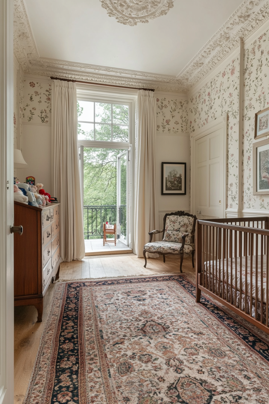 Vintage-inspired nursery with soft pastel colors and antique furniture