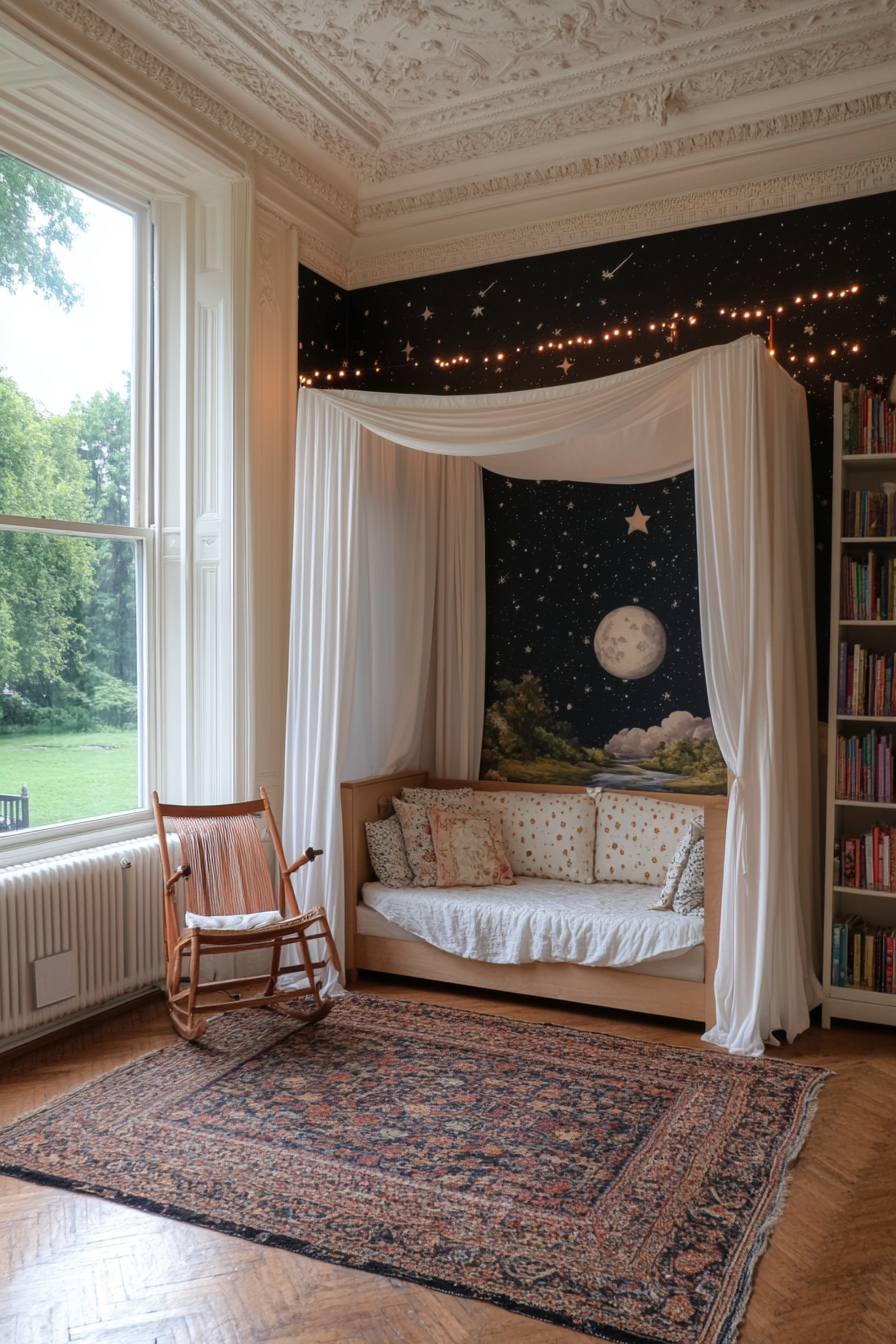 Whimsical nursery with pastel colors and fairy-tale-inspired furniture