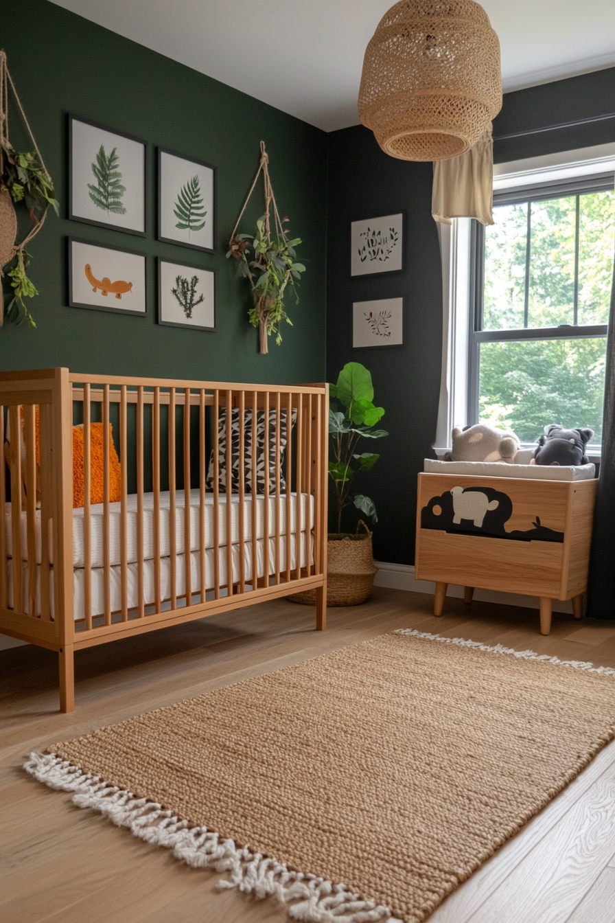 Nature-inspired nursery with earthy greens and natural materials