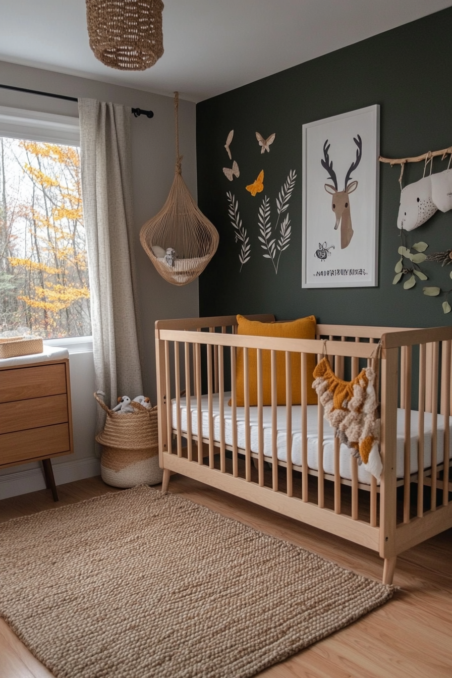 Nature-inspired nursery with earthy greens and natural materials