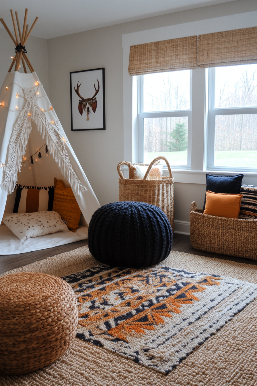 Boho-chic nursery with neutral walls and rich textures