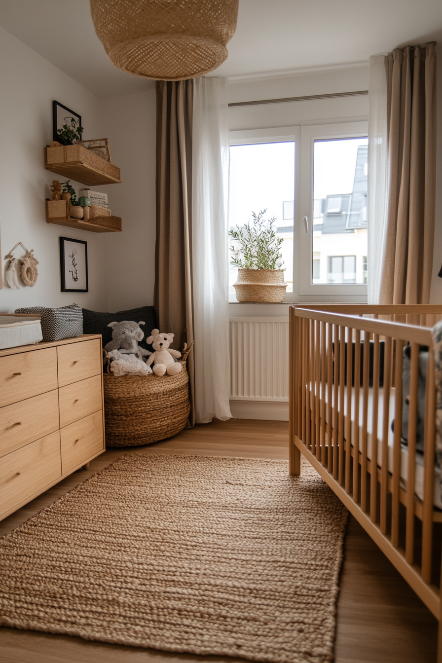 Small nursery with light-colored walls and multi-functional furniture
