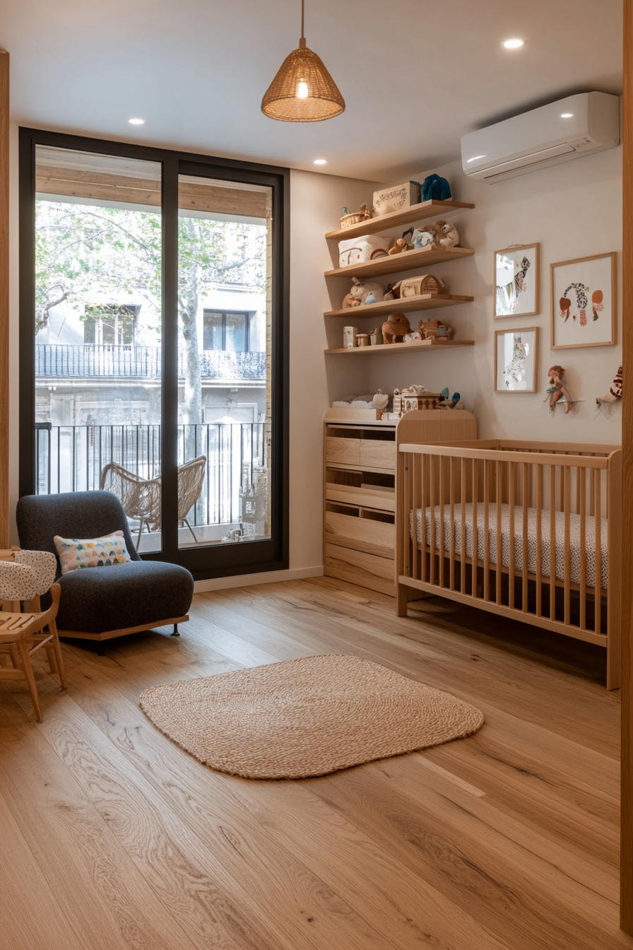 Small nursery with light-colored walls and multi-functional furniture
