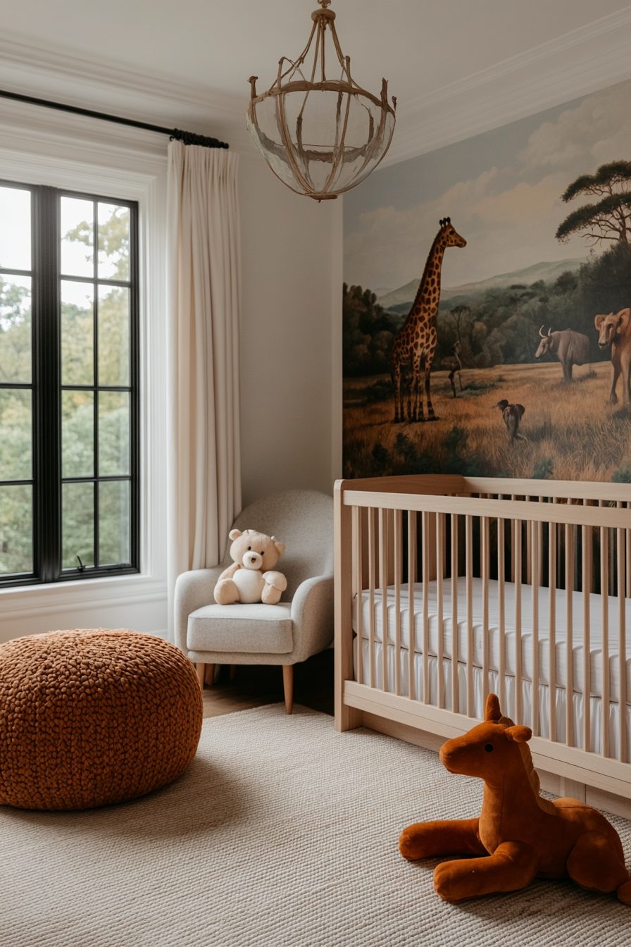 Animal-themed nursery with neutral background and animal motifs