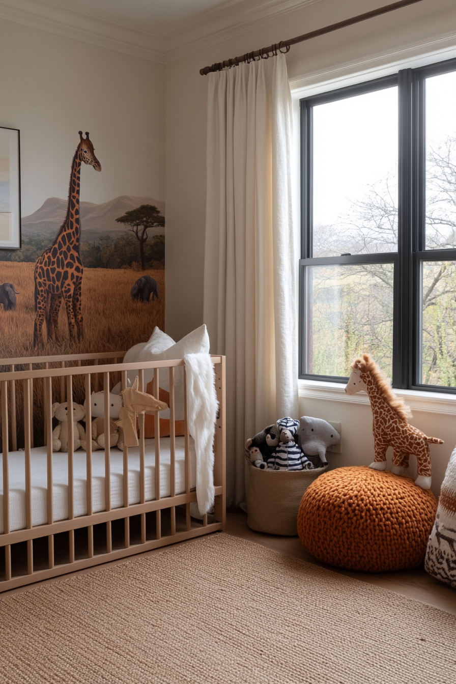 Animal-themed nursery with neutral background and animal motifs