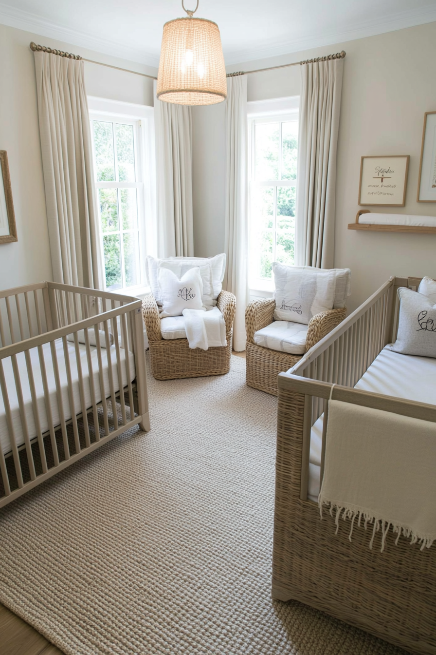 Twin nursery with matching cribs and bedding