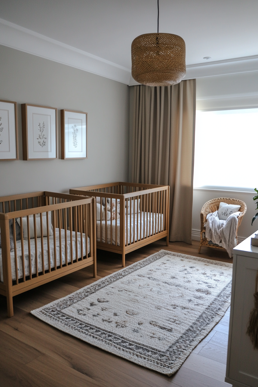 Twin nursery with matching cribs and bedding