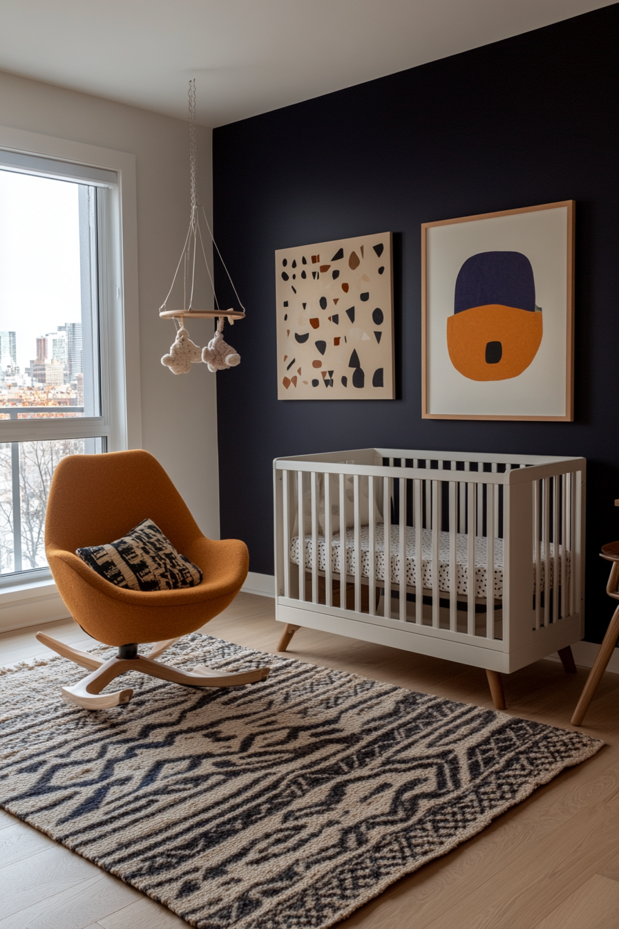 Avant-garde nursery with bold black and white walls and sleek furniture