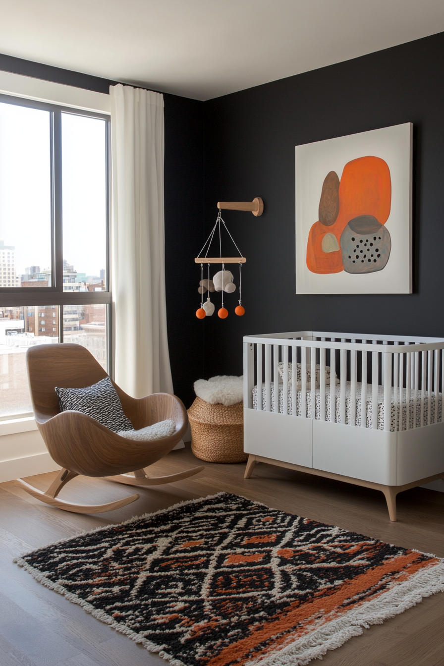 Avant-garde nursery with bold black and white walls and sleek furniture