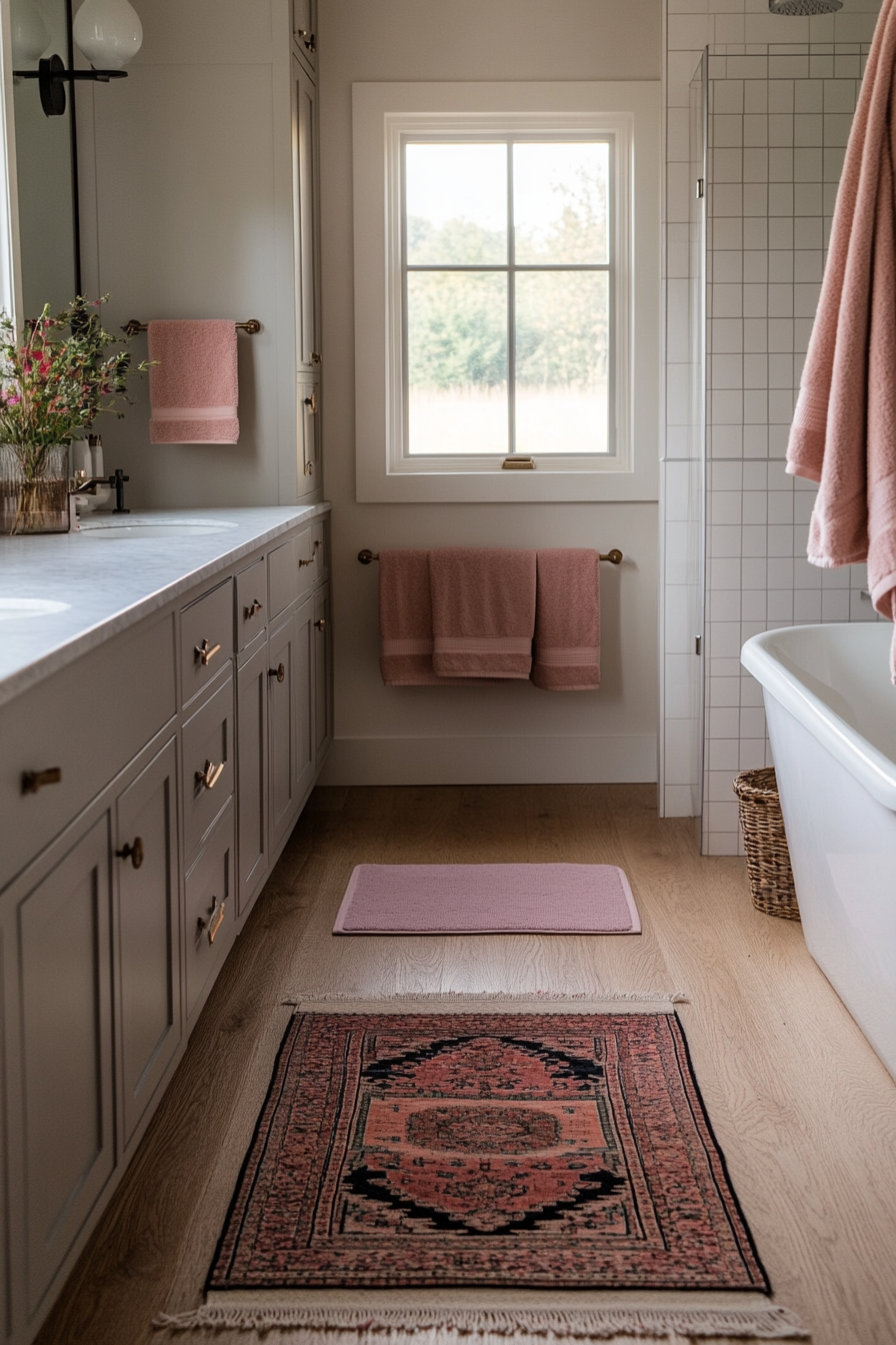 Pink rugs and bath mats for added comfort and style.