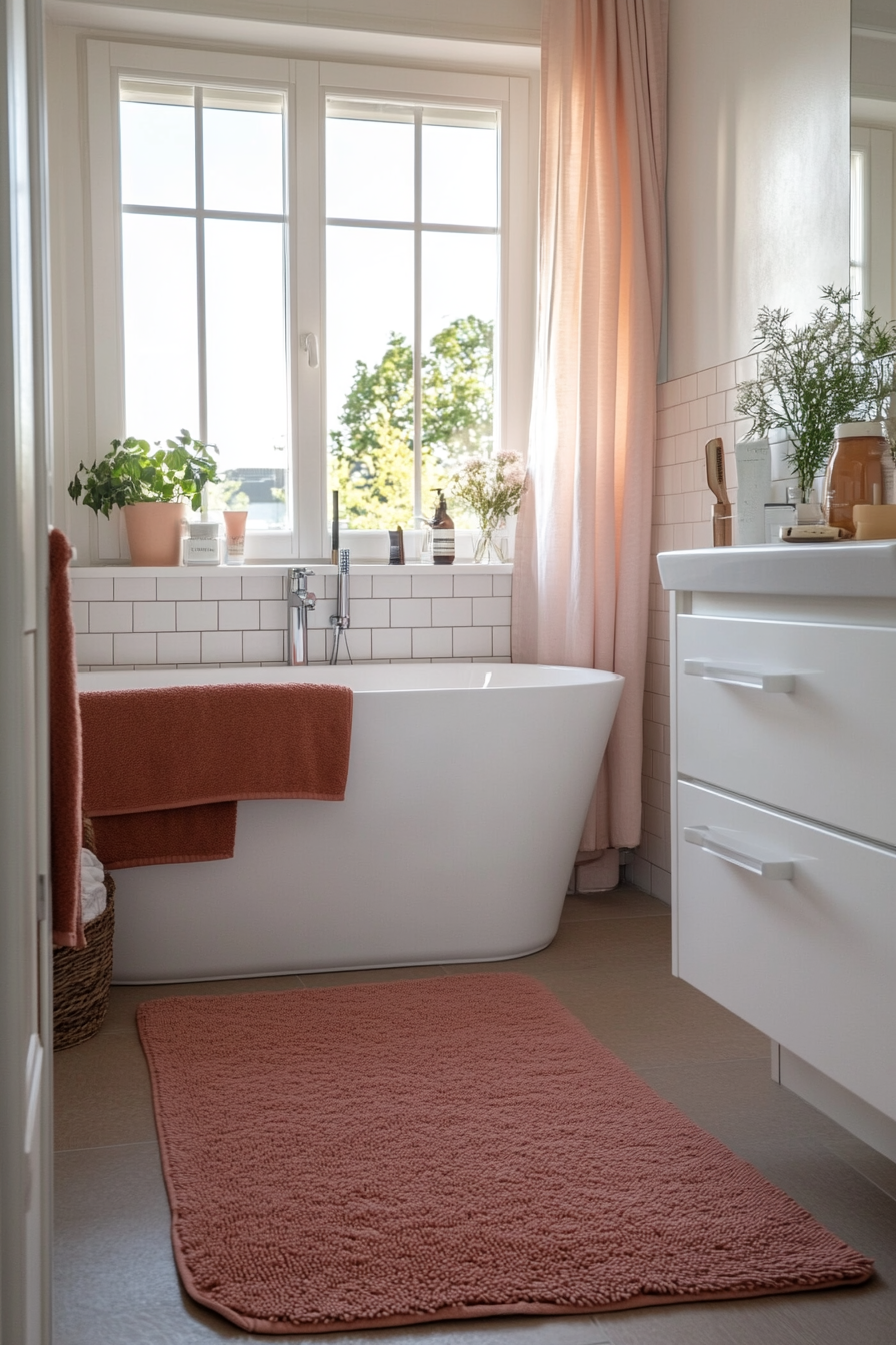 Layering pink rugs and bath mats for added interest.