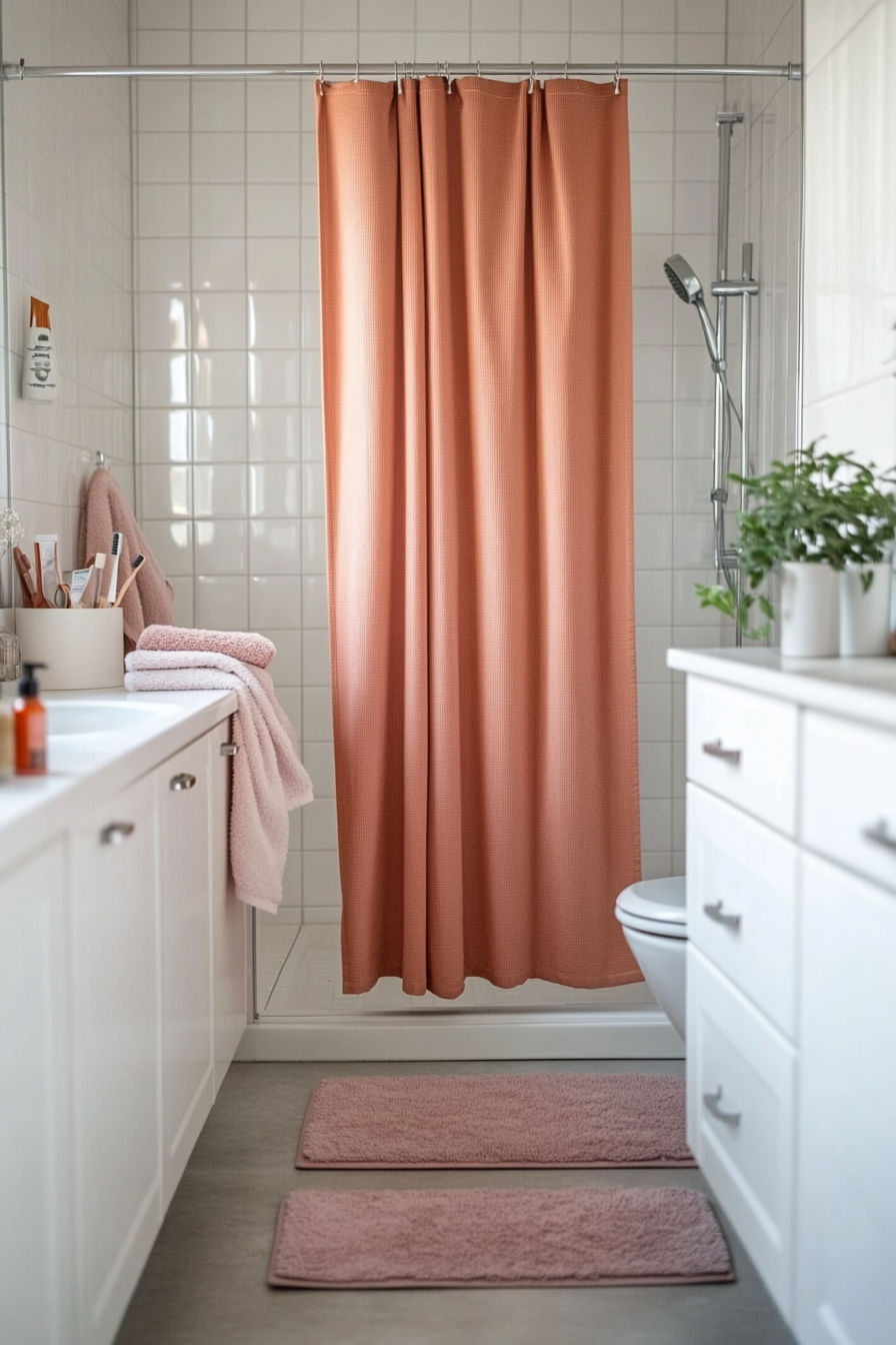 A pink shower curtain for a bold and stylish look.