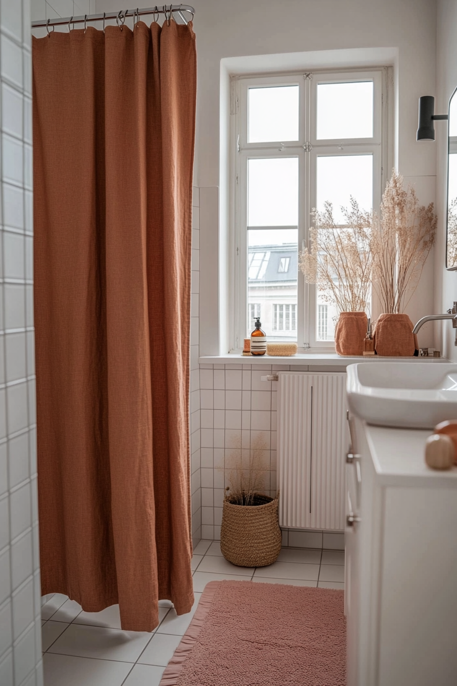 Coordinating a pink shower curtain with other pink elements.