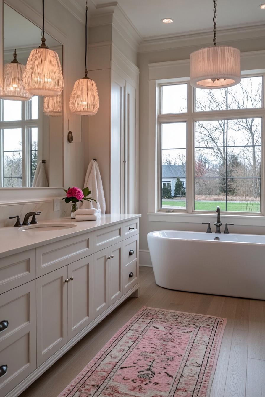 Coordinating pink lighting fixtures with other pink elements.
