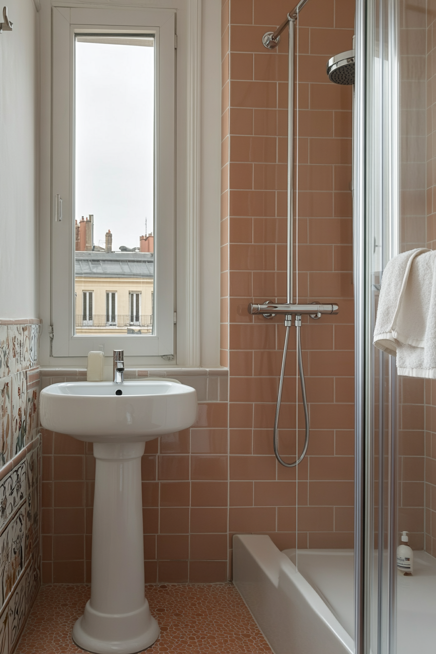 Coordinating pink shower tiles with other pink elements.