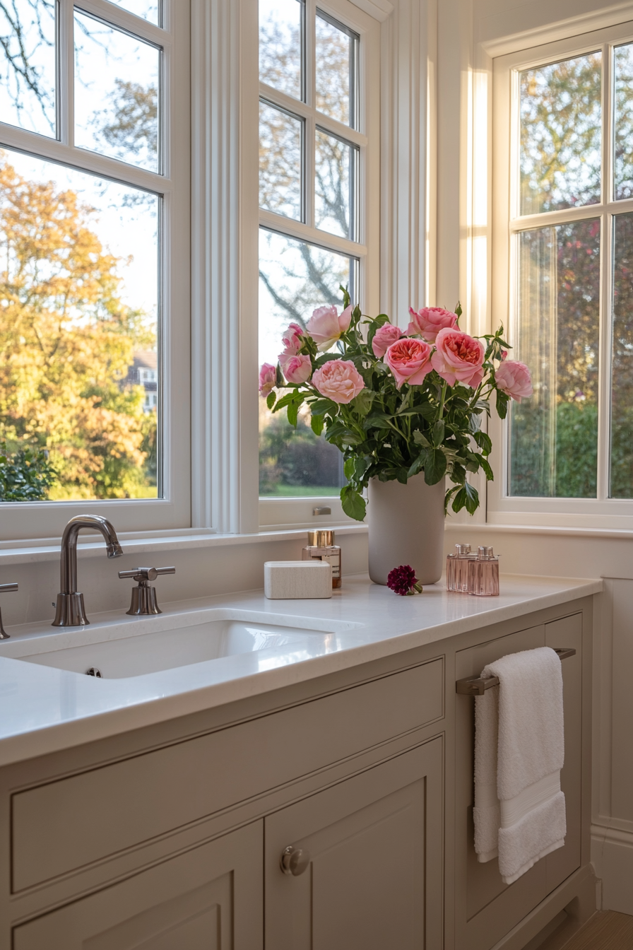 Incorporating pink plants and flowers for a natural touch.